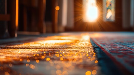 Aufkleber - Bokeh of sparkling carpet illuminated by warm sunlight in a cozy indoor setting