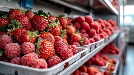 Vibrant Fresh Strawberries with Lush Green Leaves Displaying Juicy Red Color under Natural Light in a Rustic Setting