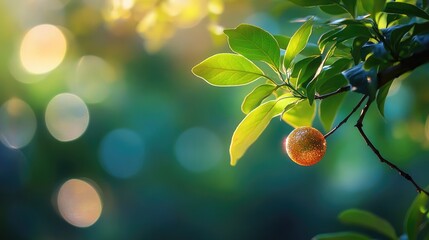 Poster - Bokeh Effect with Glowing Decorative Ball Hanging from Green Leaves on Tree Branch