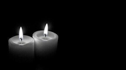 Two glowing candles emitting soft light in a dark setting creating a serene and calming atmosphere for relaxation or meditation.