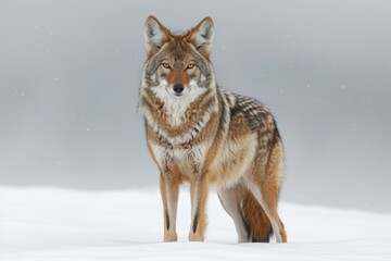  A Lone Coyote Canis Latrans Isolated on White Background W in the Winter Snow in Canada, Generate Ai