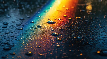 Aufkleber - Close-up of raindrops on a dark surface refracting light to create a stunning rainbow effect with vibrant colors and intricate details