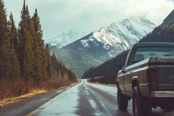 Sticker - A pickup truck drives on a scenic mountain road with a snorkel visible in front and stunning nature behind