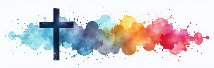 Poster - A Christian Symbol Featuring A Dark Cross Against Colorful Watercolor Splashes Set Against A White Background In Isolation. 00001