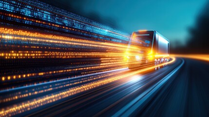 Poster - Futuristic Truck Navigating a Digital Highway Filled with Streams of Binary Code Depicting Advanced Technology and Innovation