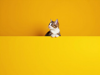 Aufkleber - A Cat Sits Above A Bright Yellow And Orange Banner With Copy Space To Fill In Web Design Templates Generated By Ai. 00003