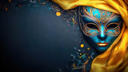 Wall Mural - Carnival is a vibrant festival of artistic expression. People wear colorful masks. Elegant Blue Mask with Golden Accents and Yellow Silk Drapery