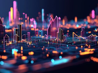 Fototapete - A vibrant, digital cityscape with glowing neon outlines of buildings, representing futuristic urban landscapes and technology.