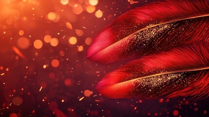 Poster - Vibrant Red Feathers with Sparkling Background for Artistic Themes
