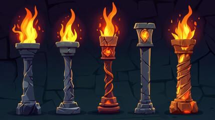 Hands holding medieval torches. Cartoon vector fiery flames illuminate decorative stone, wood and metal holders for game ui design showing character movement with light sources. Flambeau stick set