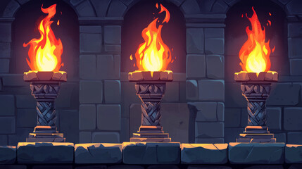 Hands holding medieval torches. Cartoon vector fiery flames illuminate decorative stone, wood and metal holders for game ui design showing character movement with light sources. Flambeau stick set