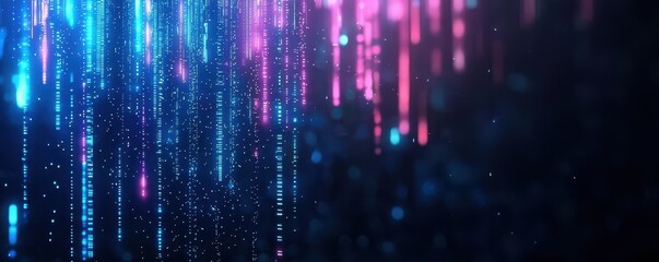 Fototapete - A vibrant digital abstraction featuring cascading lines of light in blue and pink against a dark background, creating a futuristic and ethereal atmosphere.
