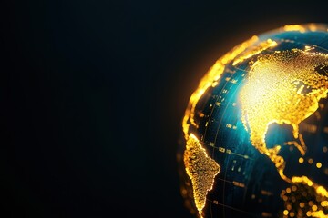 Poster - A glowing globe representing Earth, with illuminated continents against a dark background, symbolizing global connectivity and technology.