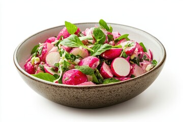 Wall Mural - Bowl of radish and cabbage slaw against a white background