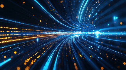 Poster - Dynamic Abstract Composition of Blue and Yellow Lines and Lights Creating a Vibrant Modern Artistic Visual Experience