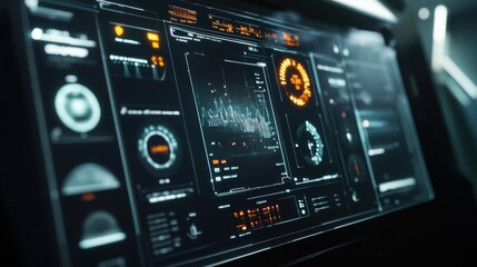Poster - Futuristic control panel displaying manufacturing data, statistics, and performance indicators, utilizing advanced technology for efficient production management in a modern industrial setting