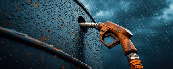 Wall Mural - Fuel nozzle gas concept. A fuel nozzle rests in a rain-soaked tank, capturing a moody, atmospheric scene with droplets highlighting the rugged texture of the surface.