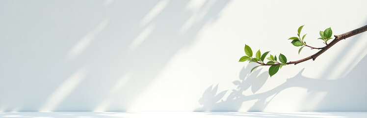 Aufkleber - A Branch Stretches Against A Sunny White Wall In An Abstract Nature Background With Space For Text Generated By Ai. 00003