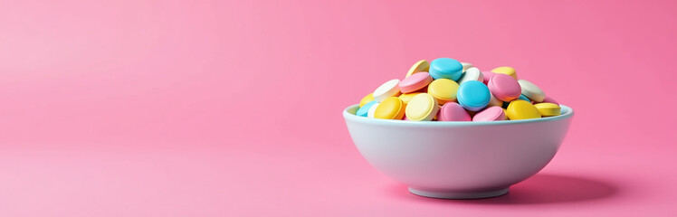Poster - A Bowl Filled With Brightly Colored Pills Against A Vibrant Pink Background Creates A Visually Appealing And Creative Composition Image. 00001