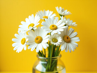 Aufkleber - A Bouquet Of White Flowers Including Chamomile And Daisies Rests In A Vase On A Bright Yellow Background, Created By Ai Technology. 00003