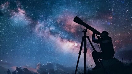 Wall Mural - star gazing concept, silhouette of astronomer with telescope over star sky background with copy spac