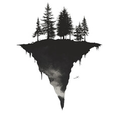 Aufkleber - A minimalist black and white illustration depicting a small floating island with a group of coniferous trees silhouetted against a white background.