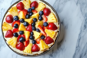 Wall Mural - Close up of a bowl of cheesecake fruit salad with strawberries blueberries and pineapple on a marble table viewed from above