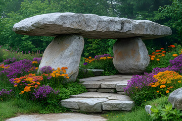 Ancient Stone Structure in a Colorful Garden Setting