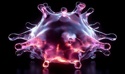 Poster - Vibrant 3D Virus Model, intricate details highlighted by warm lighting, showcasing the complexity and beauty of microscopic structures.
