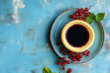 Wall Mural - Close up of cheesecake topped with red currant beside black coffee on a blue backdrop