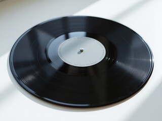 Aufkleber - A Black Vinyl Record Lies On A White Surface With A Gray Label And A Spot Of Reflected Light In The Background. 00002