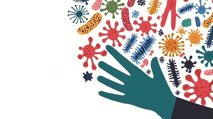 Poster - Germ Infestation, a vibrant flat illustration depicting colorful germs crawling across a surface, highlighting the microscopic world of bacteria.