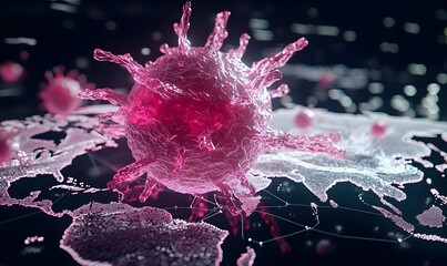 Poster - Vibrant Virus Animation, a dynamic representation of a virus particle in motion, showcasing intricate details and vivid colors.