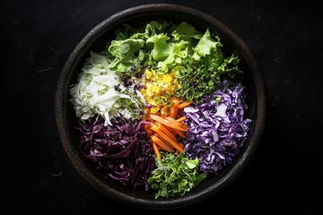 Poster - Dark clay bowl containing a salad of fresh purple and white cabbage lettuce and carrot viewed from above against a black background