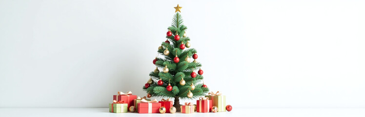 Poster - A Beautifully Decorated Christmas Tree Stands Isolated On A Clean White Background Surrounded By Colorful Presents And Festive Ornaments. 00003