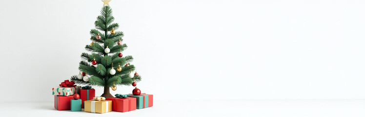 Poster - A Beautifully Decorated Christmas Tree Stands Isolated On A Clean White Background Surrounded By Colorful Presents And Festive Ornaments. 00001