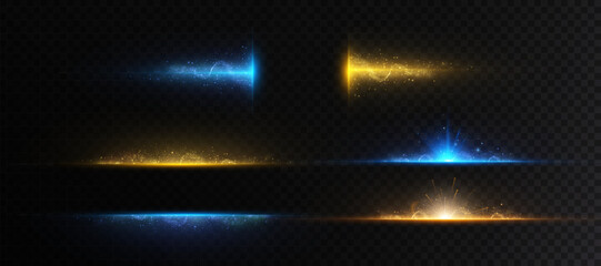 Leinwandbilder - Abstract gold and blue vertical glow. Bright explosion of light of flickering rays on black background. Luxury style for design and vector illustrations.