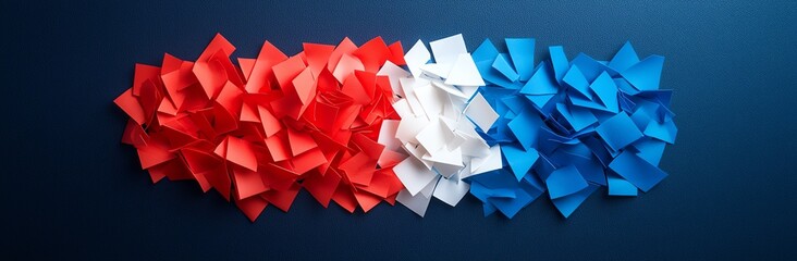 Poster - A vibrant and artistic arrangement of red, white, and blue paper sheets forming a textured pattern on a dark blue background, symbolizing creativity and design inspiration.
