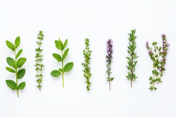 Sticker - Fresh thyme marjoram oregano and rosemary herbs on white background