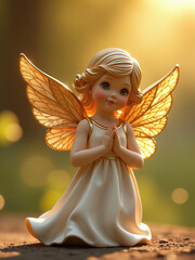Aufkleber - A Beautiful Gold Angel With Delicate Wings Is Positioned Elegantly Against A Bokeh Light Background With Ample Copy Space Available Nearby. 00001