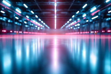 Poster - Futuristic glowing corridor with neon lights reflecting on polished floor, creating an immersive, high-tech atmosphere suitable for technology and sci-fi themes.
