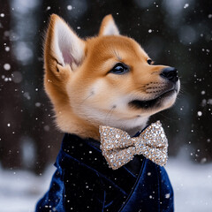 Wall Mural - shiba inu puppy in navy blue velvet attire with a bow