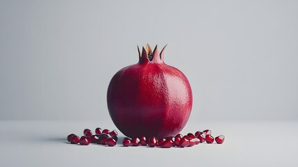 Sticker - A single, ripe pomegranate sits on a light gray background, with a few of its seeds scattered around it.  The image is clean and minimalist, highlighting the fruit's vibrant color and texture.