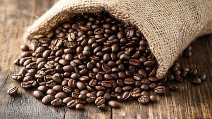 A burlap sack spilling roasted coffee beans onto a wooden surface.