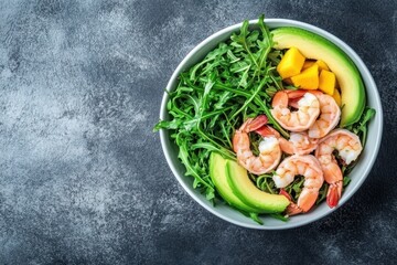 Sticker - Salad of shrimp arugula mango and avocado Healthy eating idea Aerial perspective