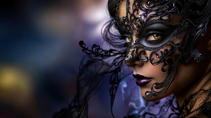 Wall Mural - Carnival is a vibrant festival of artistic expression. People wear colorful masks. Mysterious Woman in Elegant Black Mask with Intricate Design