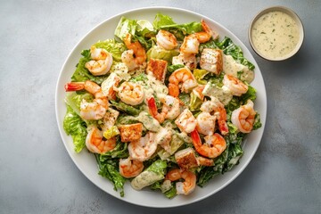 Wall Mural - Shellfish salad on a white surface overhead view