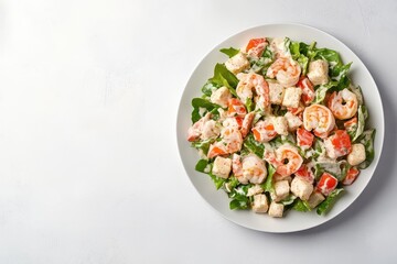 Wall Mural - Shrimp Caesar salad on a white stone surface overhead view