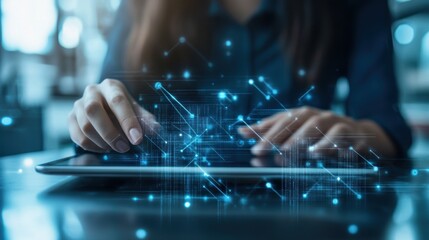 Poster - Businesswoman interacting with a tablet, activating a futuristic digital interface with data analysis and network connections, showcasing innovative technology