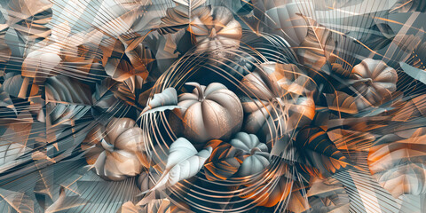 Poster - Abstract Composition of Metallic Pumpkins and Leaves